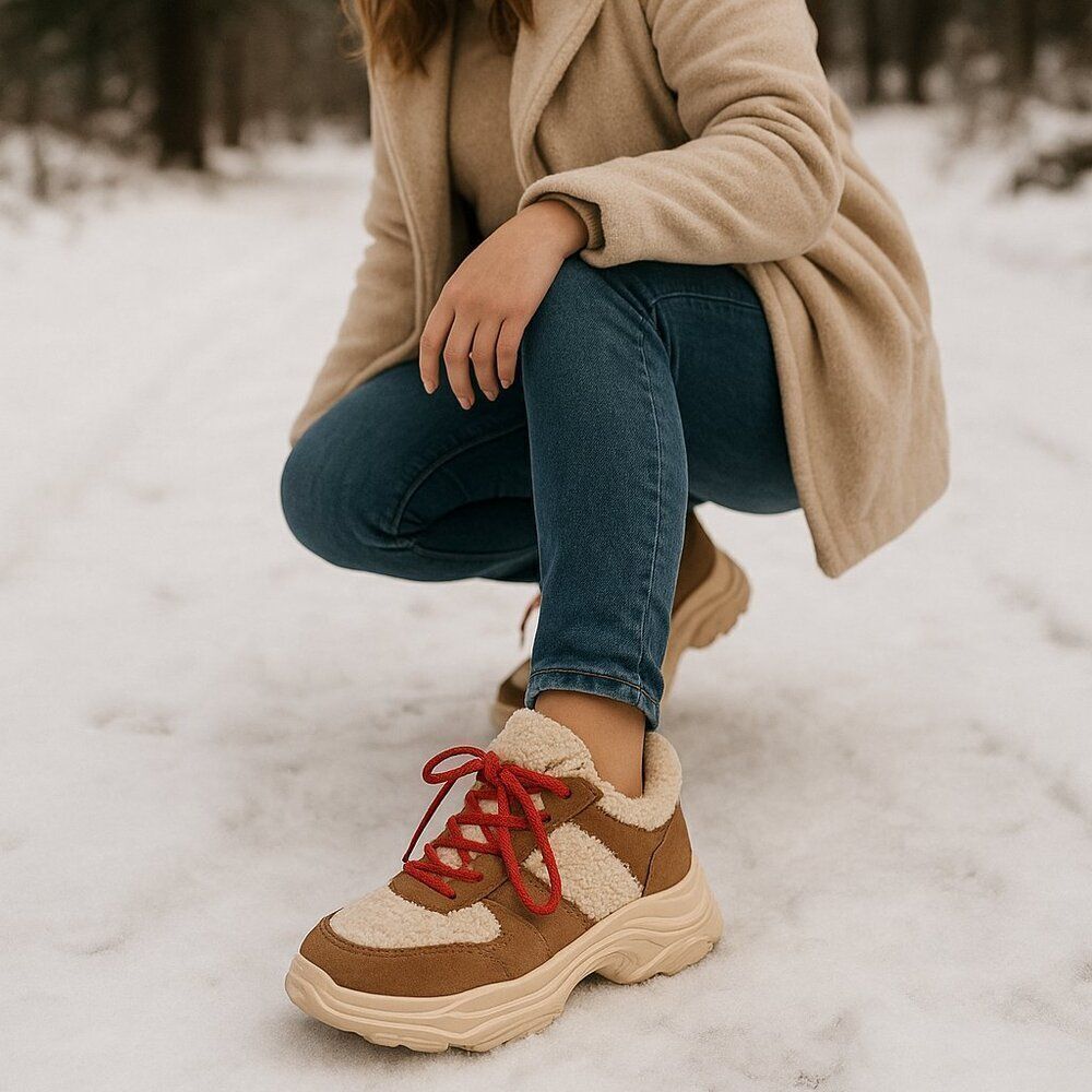 Sherpa Chunky Sneakers Women’s 10 Cozy Brown Red Laces Cozycore